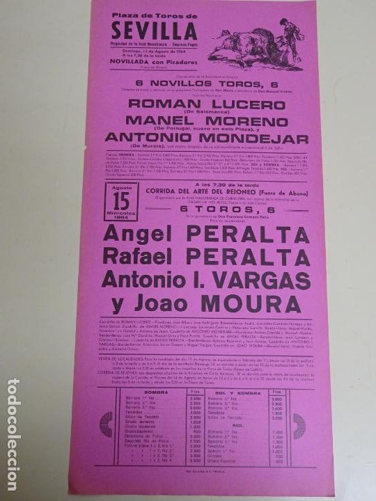 Stierkampf: TAUROMAQUIA CARTEL DE CORRIDA DE TOROS. PLAZA MAESTRANZA SEVILLA 1984 PERALTA VARGAS MOURA 44CM B321