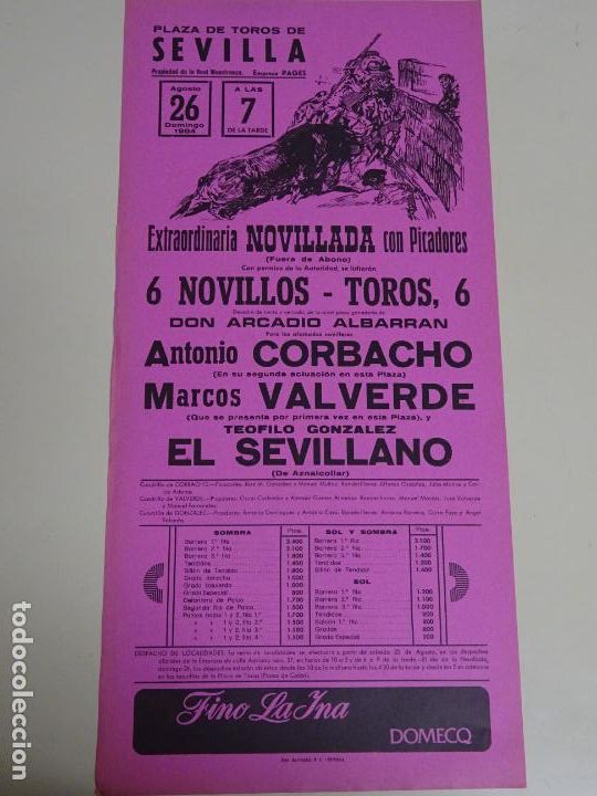 Stierkampf: TAUROMAQUIA CARTEL DE CORRIDA DE TOROS. PLAZA MAESTRANZA SEVILLA 1984 CORBACHO VALVERDE 44CM B332