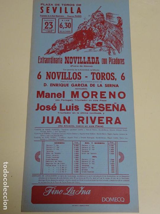Stierkampf: TAUROMAQUIA CARTEL DE CORRIDA DE TOROS. PLAZA MAESTRANZA SEVILLA 1984 MORENO SESE&Ntilde;A RIVERA 44CM B338