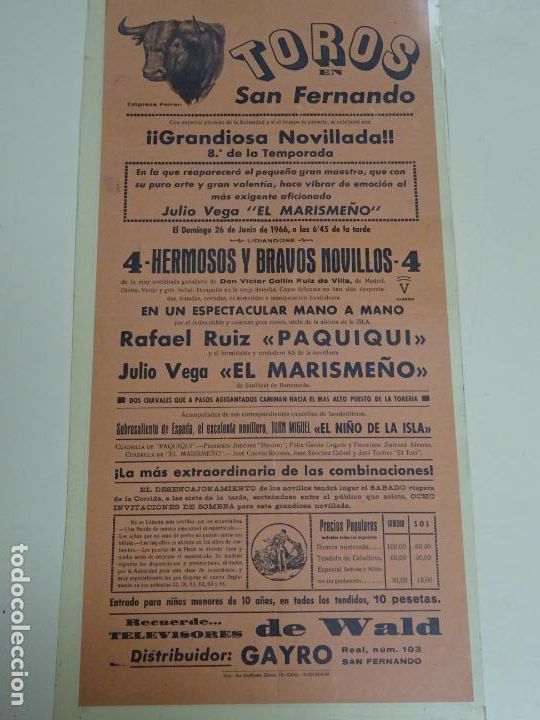 Bullfighting: TAUROMAQUIA CARTEL DE CORRIDA DE TOROS. SAN FERNANDO C&Aacute;DIZ 1966. PAQUIQUI MARISME&Ntilde;O 44CM B344