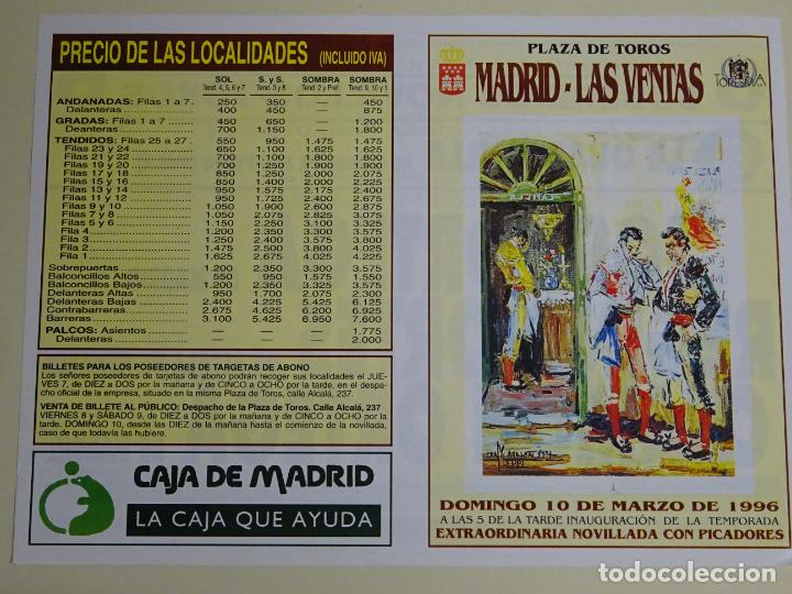 Tauromaquia: TAUROMAQUIA CARTEL DE CORRIDA DE TOROS. MADRID LAS VENTAS 1996 JOSE ORTEGA REGINO ORTES 22CM B354
