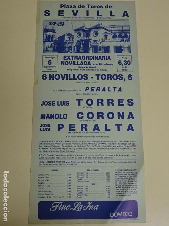 Tauromaquia: TAUROMAQUIA CARTEL DE CORRIDA DE TOROS. SEVILLA MAESTRANZA 1987. CORONA PERALTA 44CM B362