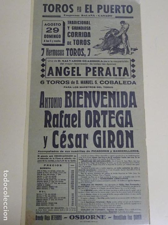 Bullfighting: TAUROMAQUIA CARTEL DE CORRIDA DE TOROS. PUERTO DE SANTA MAR&Iacute;A, C&Aacute;DIZ A&Ntilde;OS 50 PERALTA 43CM B367