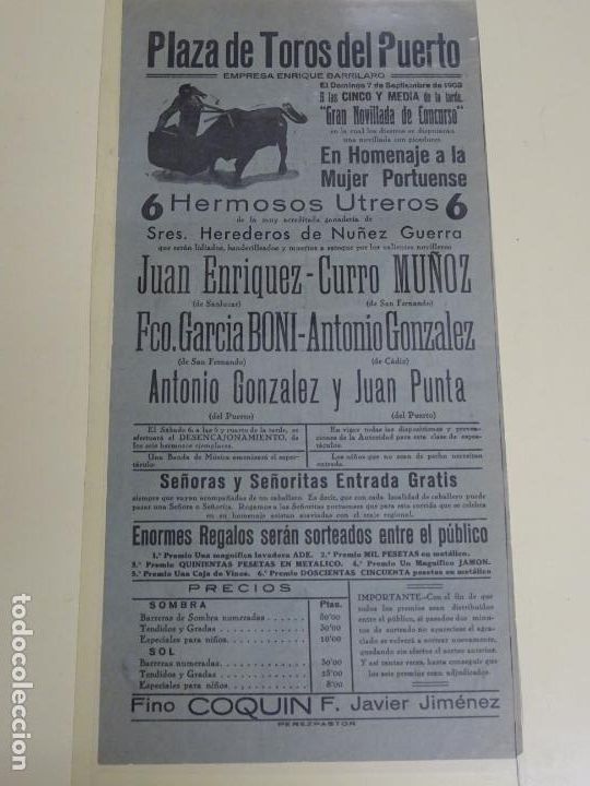Tauromachia: TAUROMAQUIA CARTEL DE CORRIDA DE TOROS. PUERTO DE SANTA MAR&Iacute;A, C&Aacute;DIZ A&Ntilde;O 1958 CURRO MU&Ntilde;OZ 43CM B368
