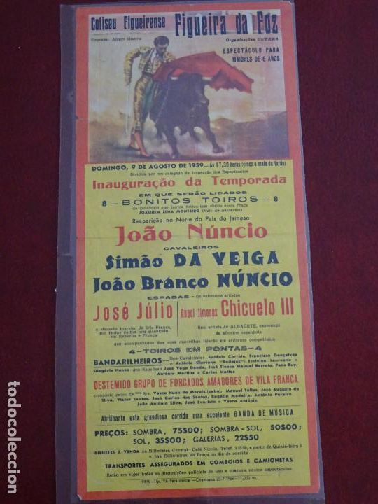 Tauromachia: TAUROMAQUIA CARTEL DE CORRIDA DE TOROS. PLAZA FIGUEIRA DA FOZ PORTUGAL 1959 JOAO NUNCIO. 30CM. B397