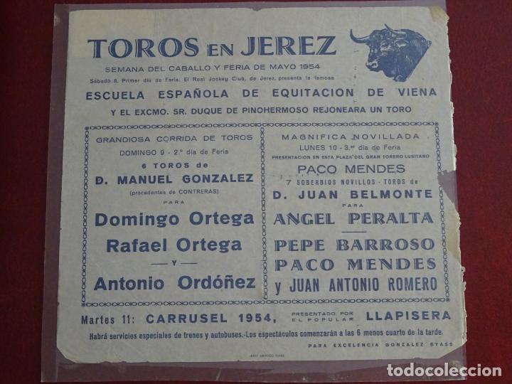 Tauromachia: TAUROMAQUIA CARTEL DE CORRIDA DE TOROS. PLAZA JEREZ DE LA FRONTERA C&Aacute;DIZ. A&Ntilde;O 1954. 22CM. B411
