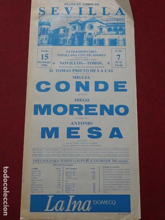 Stierkampf: TAUROMAQUIA CARTEL DE CORRIDA DE TOROS. PLAZA MAESTRANZA SEVILLA, 1986. CONDE MORENO MESA 45CM. B413