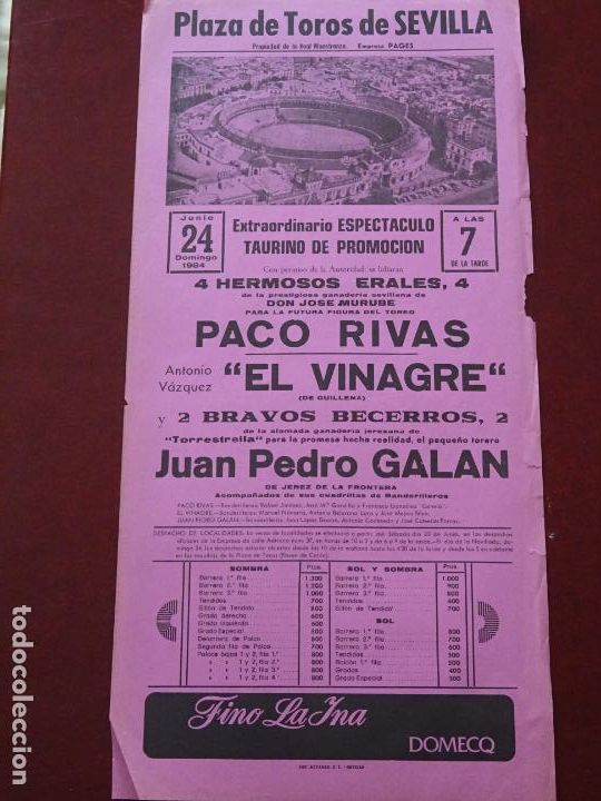 Tauromachia: TAUROMAQUIA CARTEL DE CORRIDA DE TOROS. PLAZA MAESTRANZA SEVILLA, 1984. RIVAS VINAGRE 45CM. B417