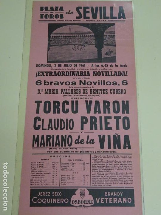 Stierkampf: TAUROMAQUIA CARTEL DE CORRIDA DE TOROS. 1961 SEVILLA VARON PRIETO VI&Ntilde; 43CM B422
