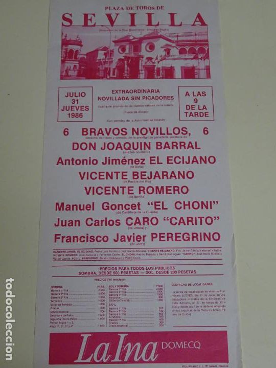 Tauromachia: TAUROMAQUIA CARTEL DE CORRIDA DE TOROS. PLAZA SEVILLA. A&Ntilde;O 1986 BARRAL ECIJANO BEJARANO. 43CM B431