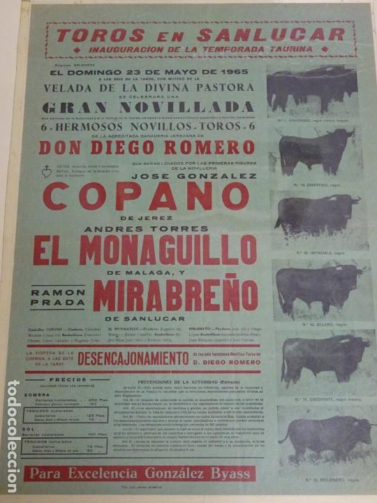 Bullfighting: TAUROMAQUIA CARTEL DE CORRIDA DE TOROS. SANL&Uacute;CAR BARRAMEDA 1965. COPANO MIRABRE&Ntilde;O. 43CM B437
