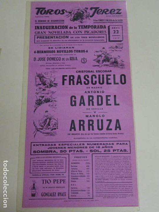Tauromachia: TAUROMAQUIA CARTEL DE CORRIDA DE TOROS. JEREZ DE LA FRONTERA 1973. FRASCUELO ARDEL ARRUZA. 43CM B439