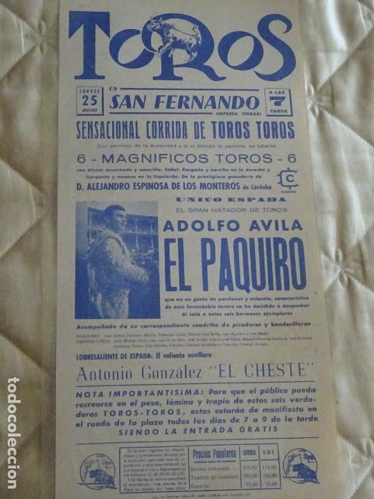 Bullfighting: TAUROMAQUIA CARTEL DE CORRIDA DE TOROS. SAN FERNANDO. C&Aacute;DIZ. ADOLFO AVILA EL PAQUIRO 43CM B451