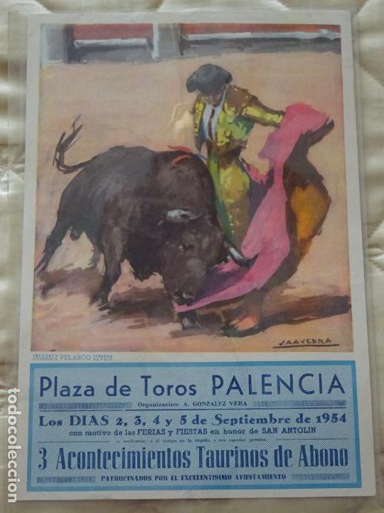 Stierkampf: TAUROMAQUIA CARTEL DE CORRIDA DE TOROS. PALENCIA 1954. ORDO&Ntilde;EZ JUMILLANO ANTO&Ntilde;ETE PERALTA 33CM B455