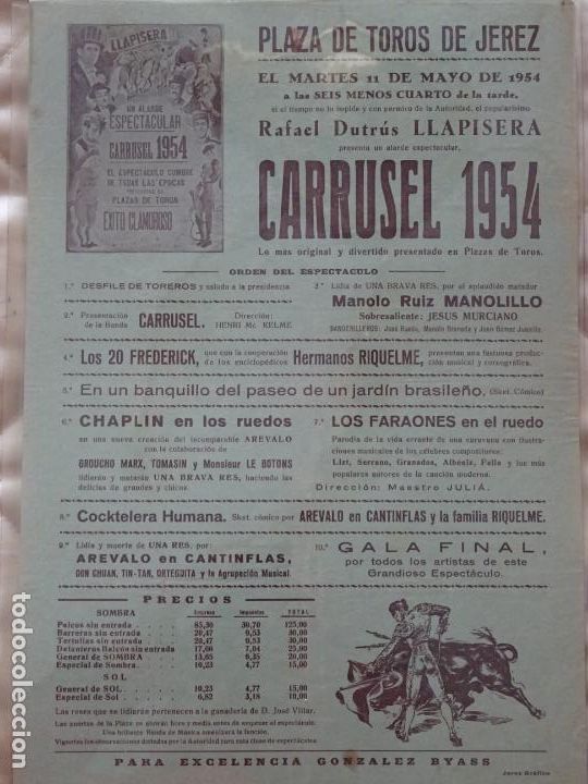 Tauromaquia: TAUROMAQUIA CARTEL DE CORRIDA DE TOROS. JEREZ DE LA FRONTERA C&Aacute;DIZ 1954 CARRUSEL CHAPLIN 32CM B457