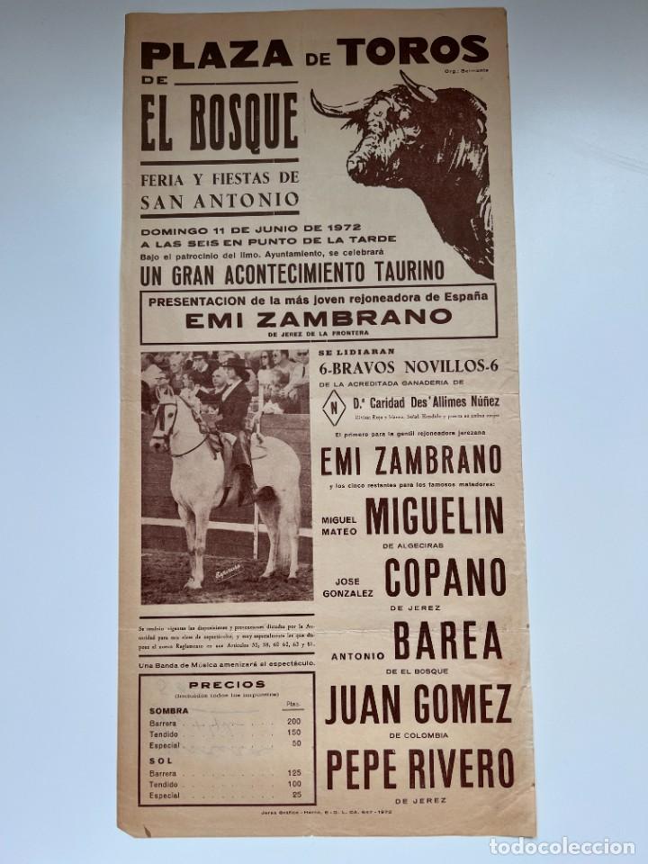 Tauromaquia: CARTEL. PLAZA DE TOROS DE EL BOSQUE. 1972. EMI ZAMBRANO. MIGUELIN. COPANO. BAREA. PEPE RIVERO