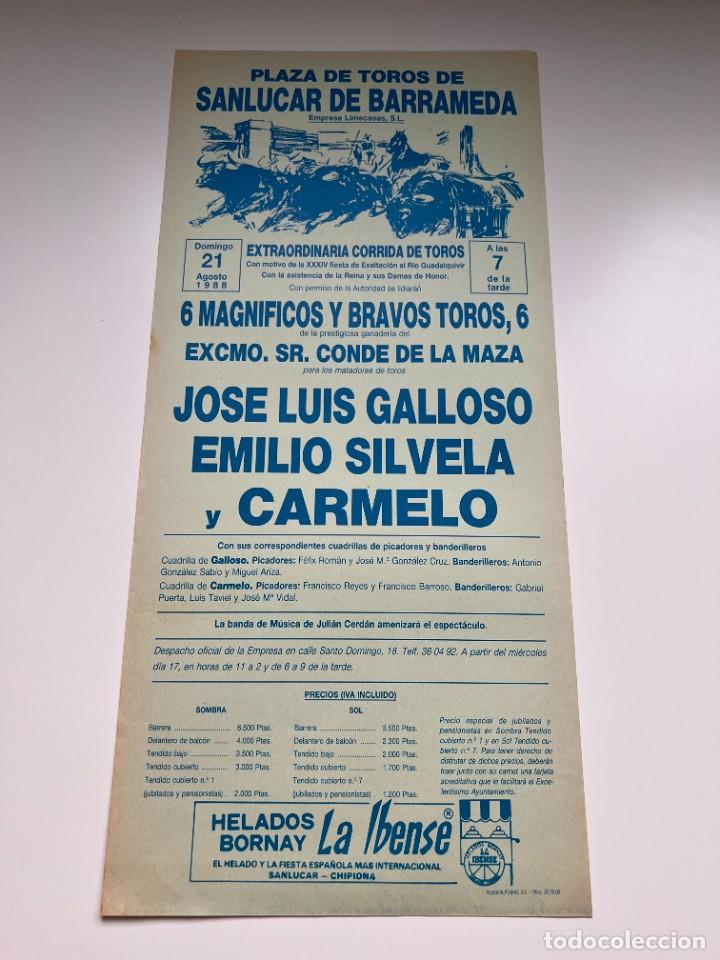 Tauromachie: CARTEL. PLAZA DE TOROS DE SANL&Uacute;CAR. 1988. GANADERIA CONDE DE LA MAZA. GALLOSO. SILVELA. CARMELO