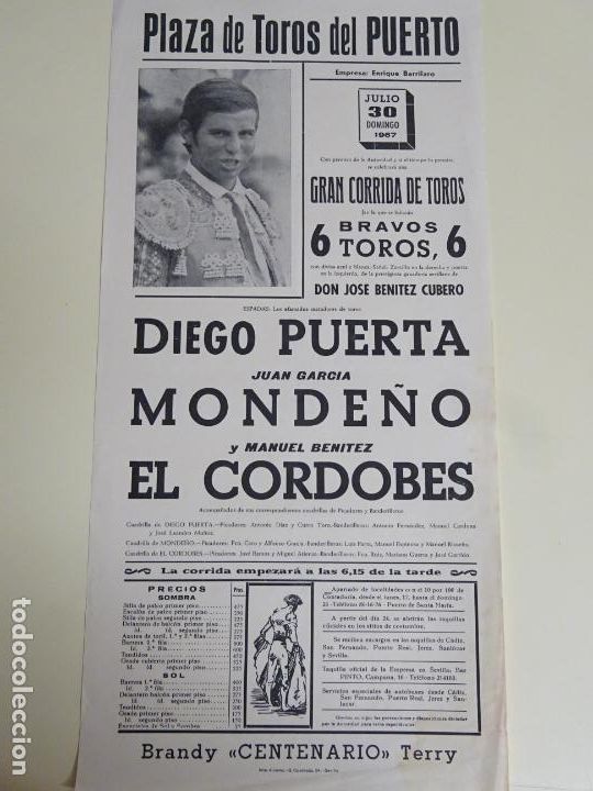 Tauromachia: TAUROMAQUIA CARTEL CORRIDA DE TOROS. PUERTO DE SANTA MAR&Iacute;A 1967. EL CORDOB&Eacute;S, PUERTA. 43CM B613