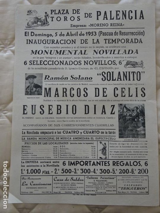 Bullfighting: TAUROMAQUIA CARTEL CORRIDA DE TOROS. PALENCIA A&Ntilde;O 1953. SOLANITO DE CELIS EUSEBIO DIAZ 44CM 30