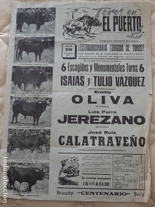 Stierkampf: TAUROMAQUIA CARTEL DE CORRIDA DE TOROS. EL PUERTO DE SANTA MAR&Iacute;A 1971. OLIVA JEREZANO. 43CM. 41