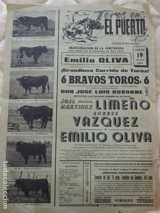 Stierkampf: TAUROMAQUIA CARTEL DE CORRIDA DE TOROS. EL PUERTO DE SANTA MAR&Iacute;A 1964 LIME&Ntilde;O VAZQUEZ OLIVA. 43CM. 42