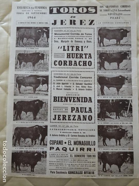 Stierkampf: TAUROMAQUIA CARTEL DE CORRIDA DE TOROS. JEREZ DE LA FRONTERA 1964. BIENVENIDA PAQUIRRI. 43CM. 44