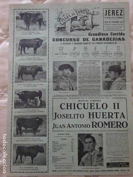 Stierkampf: TAUROMAQUIA CARTEL DE CORRIDA DE TOROS. JEREZ DE LA FRONTERA 1956. CHICUELO HUERTA ROMERO. 58CM. 48