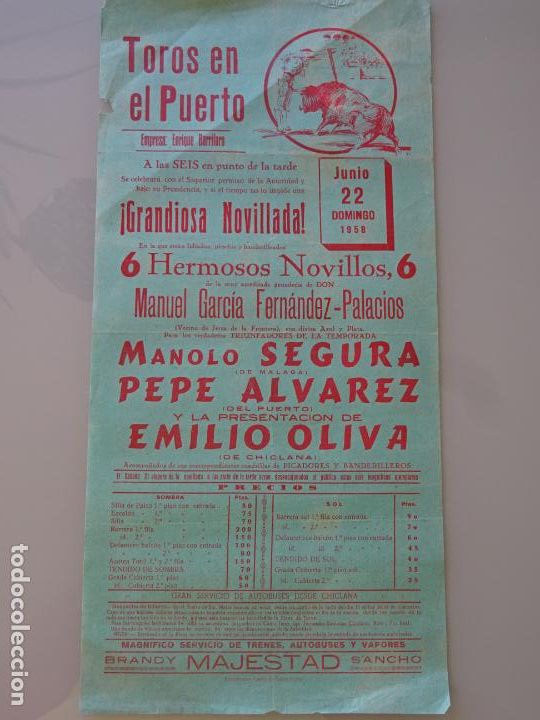 Stierkampf: TAUROMAQUIA CARTEL CORRIDA DE TOROS. PUERTO DE SANTA MAR&Iacute;A 1958. SEGURA &Aacute;LVAREZ OLIVA 43CM B628