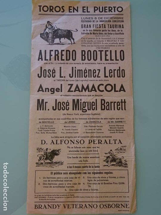 Stierkampf: TAUROMAQUIA CARTEL CORRIDA DE TOROS. PUERTO DE SANTA MAR&Iacute;A A&Ntilde;OS 50 BOOTELLO ZAMACOLA BARRE 43CM B633