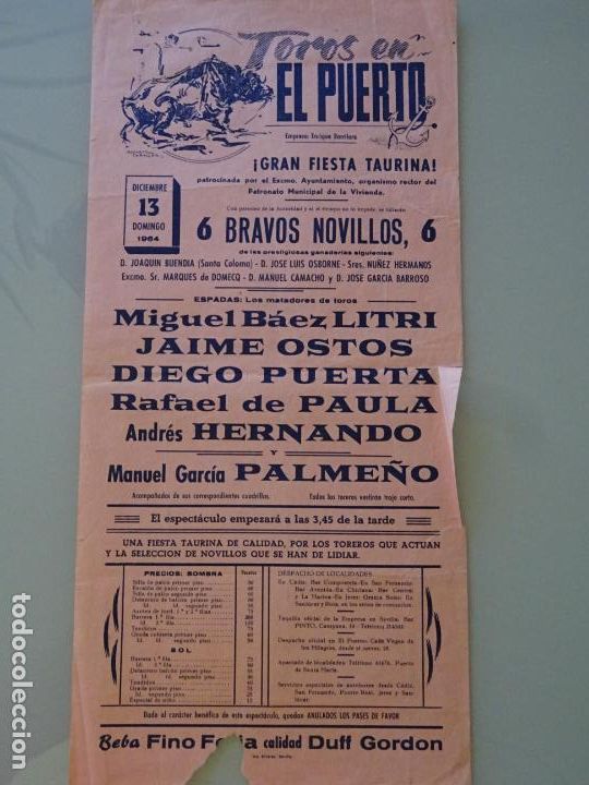 Bullfighting: TAUROMAQUIA CARTEL CORRIDA DE TOROS. PUERTO DE SANTA MAR&Iacute;A A&Ntilde;O 1964 LITRI OSTOS PUERTA 43CM B648