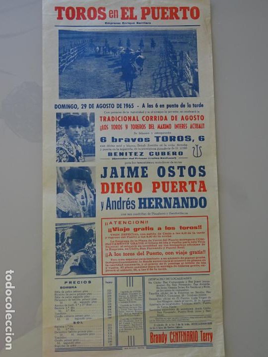 Bullfighting: TAUROMAQUIA CARTEL CORRIDA DE TOROS. PUERTO DE SANTA MAR&Iacute;A A&Ntilde;O 1965 OSTOS PUERTA HERNANDO 43CM B650