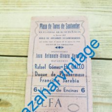 Tauromaquia: SANTANDER, 1943, TRIPTICO FESTIVAL TAURINO A FAVOR ASILO, JUAN BELMONTE, EL GALLO, ALVARO DOMECQ. Lote 338544553