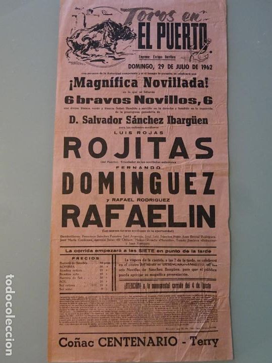 Stierkampf: TAUROMAQUIA CARTEL CORRIDA DE TOROS. PUERTO DE SANTA MAR&Iacute;A A&Ntilde;O 1962 ROJITAS RAFAELIN 43CM B664