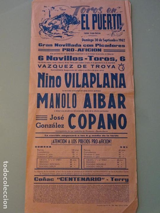 Tauromachie: TAUROMAQUIA CARTEL CORRIDA DE TOROS PUERTO DE SANTA MAR&Iacute;A A&Ntilde;O 1962 VILLAPLANA AIBAR 43CM B669