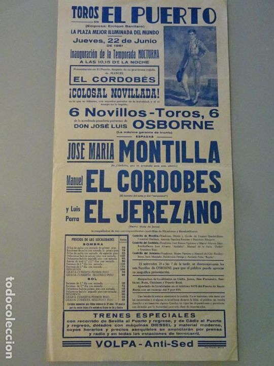 Stierkampf: TAUROMAQUIA CARTEL CORRIDA DE TOROS PUERTO DE SANTA MAR&Iacute;A A&Ntilde;O 1961 MONTILLA CORDOBES 43CM B679