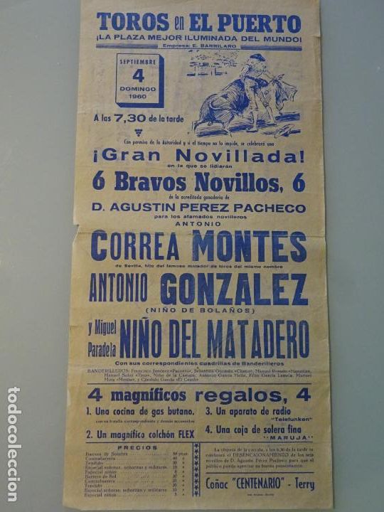 Tauromachie: TAUROMAQUIA CARTEL CORRIDA DE TOROS PUERTO DE SANTA MAR&Iacute;A A&Ntilde;O 1960 NI&Ntilde;O DEL MATADERO 43CM B682