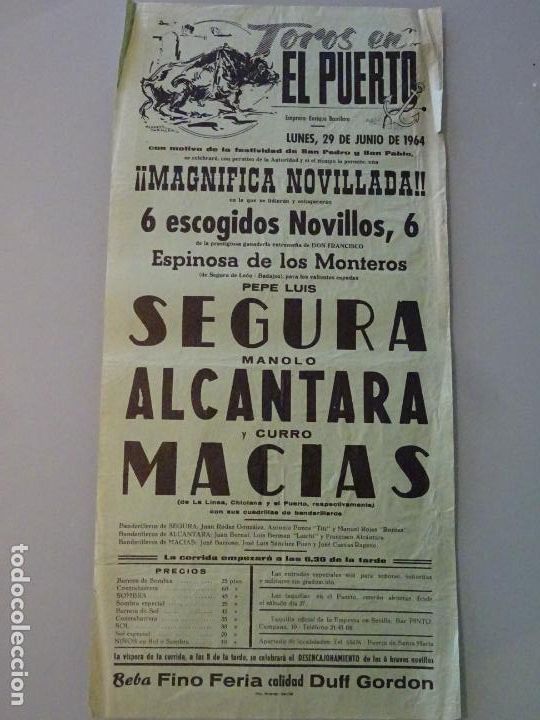 Stierkampf: TAUROMAQUIA CARTEL CORRIDA DE TOROS PUERTO DE SANTA MAR&Iacute;A A&Ntilde;O 1964 SEGURA ALCANTARA MACIAS 43CM B689