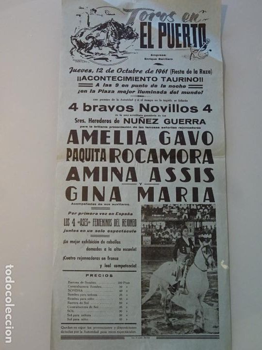 Tauromachia: TAUROMAQUIA CARTEL CORRIDA DE TOROS PUERTO DE SANTA MAR&Iacute;A A&Ntilde;O 1961. GAVO AMINA ASSIS 43CM B694