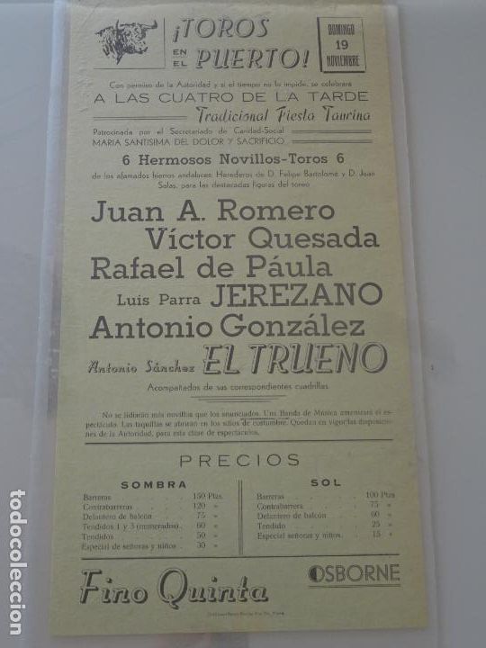Stierkampf: TAUROMAQUIA CARTEL DE CORRIDA DE TOROS. PLAZA PUERTO SANTA MAR&Iacute;A, TRUENO ROMERO QUESADA. 39CM. 696