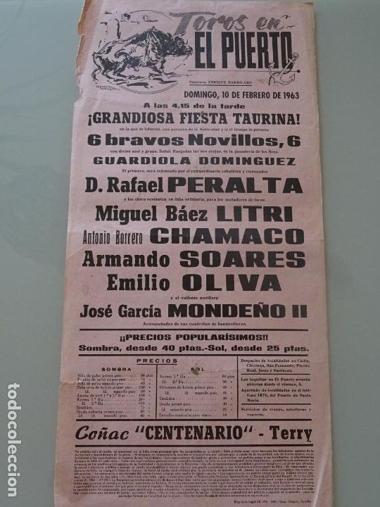 Stierkampf: TAUROMAQUIA CARTEL DE CORRIDA DE TOROS. PLAZA PUERTO SANTA MAR&Iacute;A 1963 LITRI CHAMACO OLIVA 43CM 720
