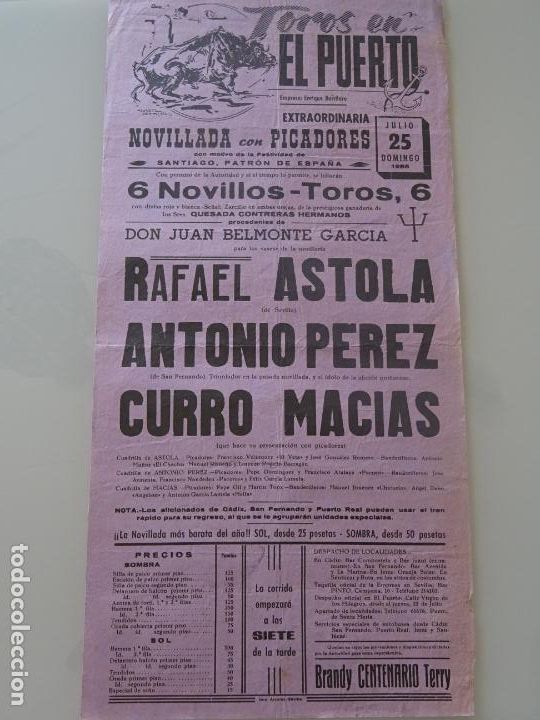 Stierkampf: TAUROMAQUIA CARTEL DE CORRIDA DE TOROS. PLAZA PUERTO SANTA MAR&Iacute;A 1965 ASTOLA MACIAS 43CM 722