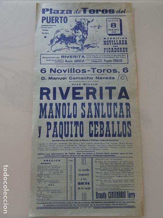 Stierkampf: TAUROMAQUIA CARTEL DE CORRIDA DE TOROS. PLAZA PUERTO SANTA MARIA A&Ntilde;O 1965 RIVERITA CEBALLOS 43CM 729