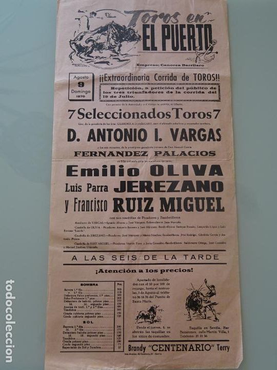 Tauromachie: TAUROMAQUIA CARTEL DE CORRIDA DE TOROS. PLAZA PUERTO SANTA MARIA A&Ntilde;O 1970 RUIZ MIGUEL 43CM 732