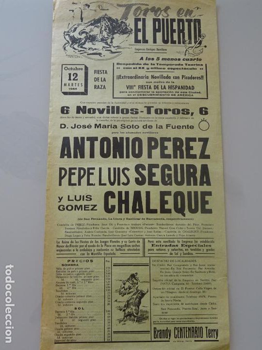 Tauromachie: TAUROMAQUIA CARTEL DE CORRIDA DE TOROS. PLAZA PUERTO SANTA MARIA A&Ntilde;O 1965 PEREZ CHALEQUE 43CM 744