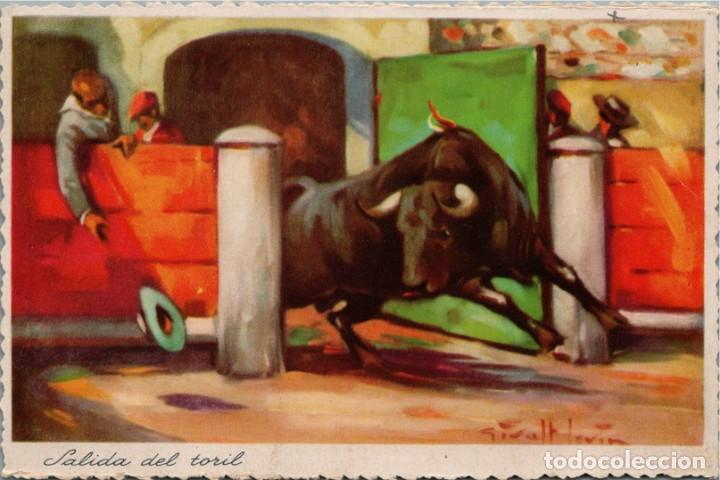 Tauromachie: Salida del toril -Il. Giralt Lev&iacute;n-Ed CyZ n&ordm; 823-138x90mm- Sello Manuel Gil-Cer&aacute;mica- Onda-Castell&oacute;n