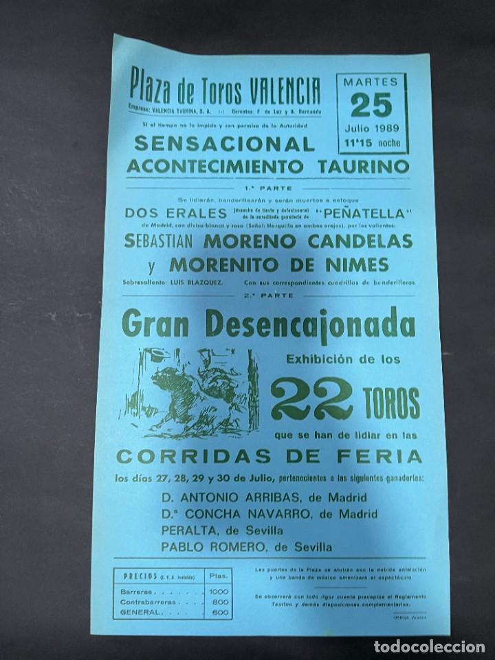 Tauromaquia: CARTEL. PLAZA DE TOROS DE VALENCIA. 1989. SEBASTIAN MORENO CANDELAS. MORENITO DE NIMES.