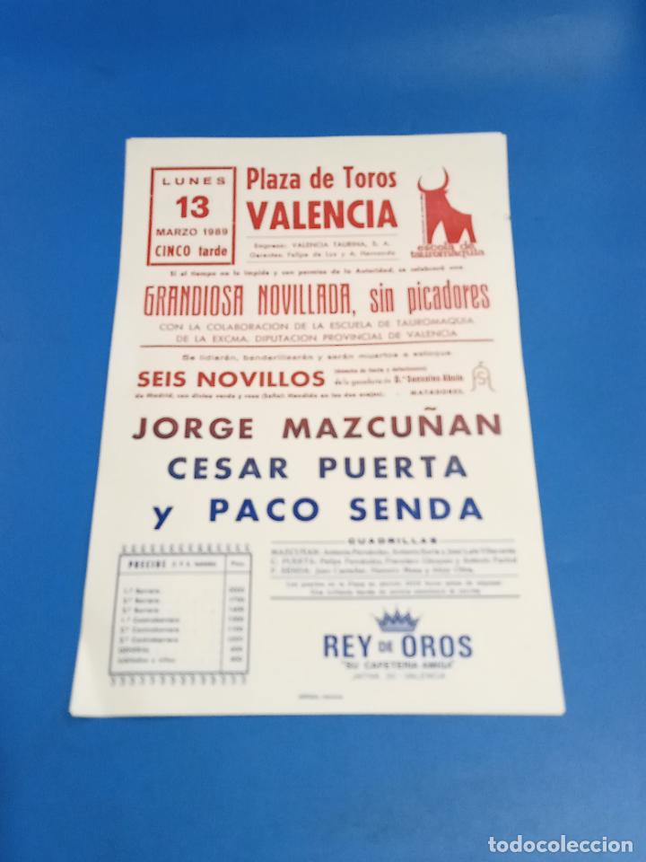 Tauromaquia: CARTEL TOROS. VALENCIA. 1989. JORGE MAZCU&Ntilde;AN, CESAR PUERTA, PACO SENDA. 22 X 32 CM
