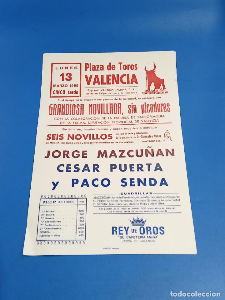 Tauromaquia: CARTEL TOROS. VALENCIA. 1989. JORGE MAZCU&Ntilde;AN, CESAR PUERTA, PACO SENDA. 22 X 32 CM