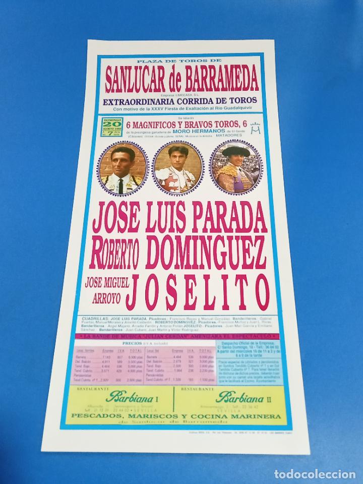 Tauromaquia: CARTEL TOROS. SANL&Uacute;CAR BARRAMEDA. 1989. JOSE LUIS PARADA, DOMINGUEZ, JOSELITO. 44 X 21 CM