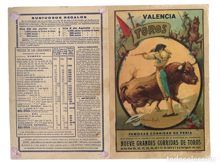 Tauromaquia: Programa d&iacute;ptico toros Valencia Feria de Julio 1931. Domingo Ortega, gran triunfador